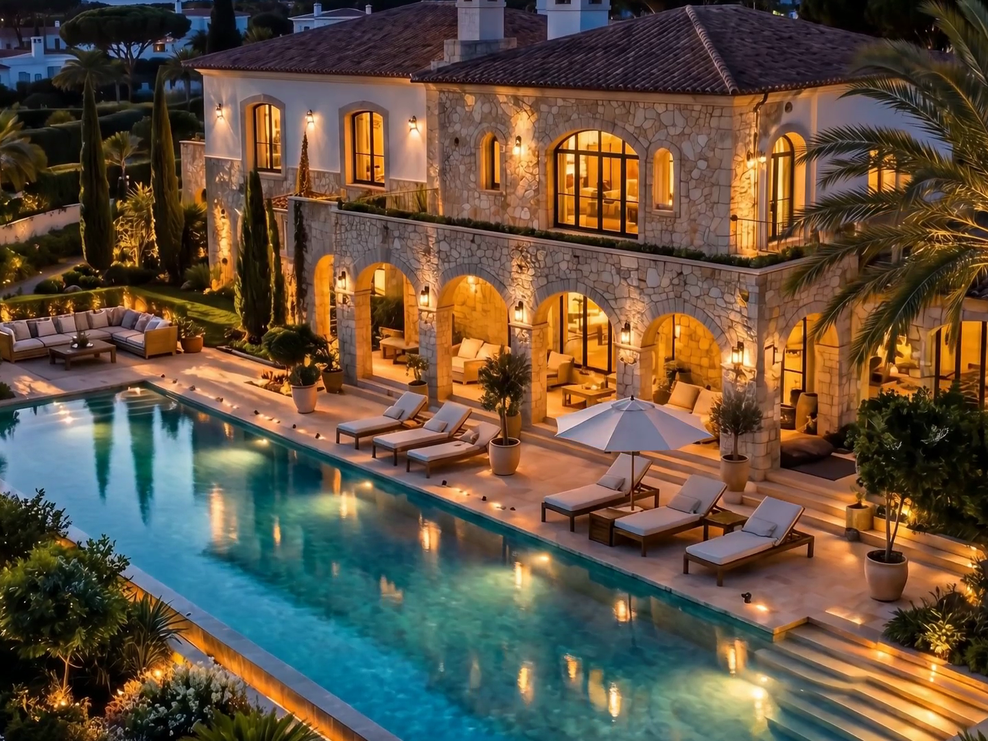 Villa pool concept illuminated at night