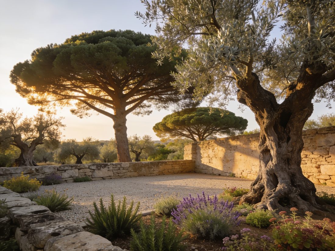 Garden under mature stone pines